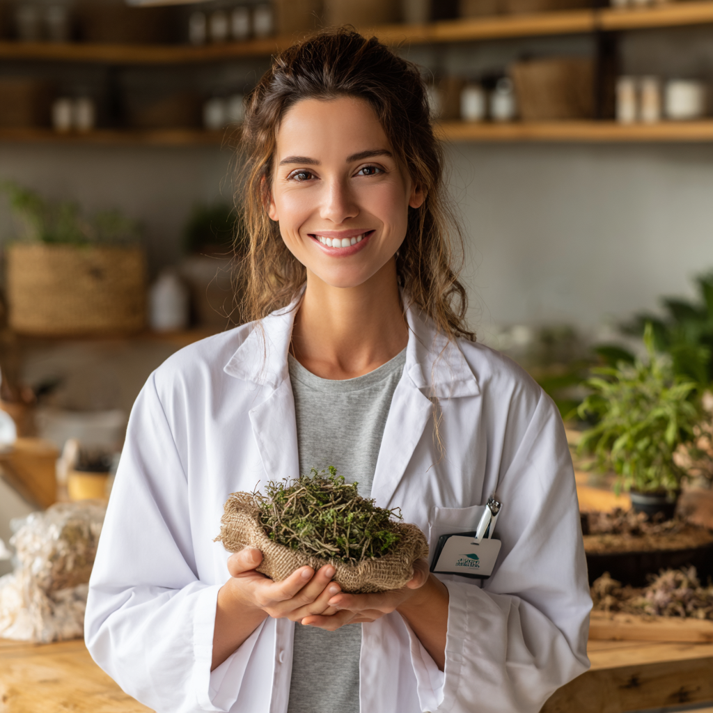 Smiling wellness consultant holding natural herbs and botanical ingredients for skincare consultation